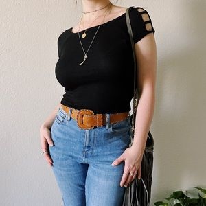 Black Cutout Sleeve Crop Top